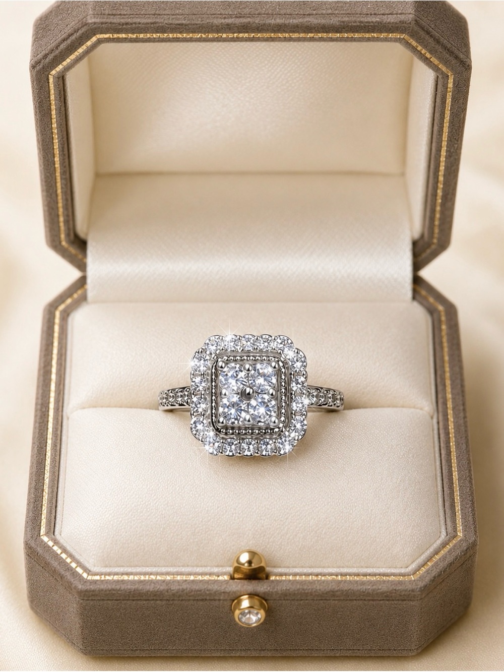 Diamond Halo Square Engagement Ring in Silver